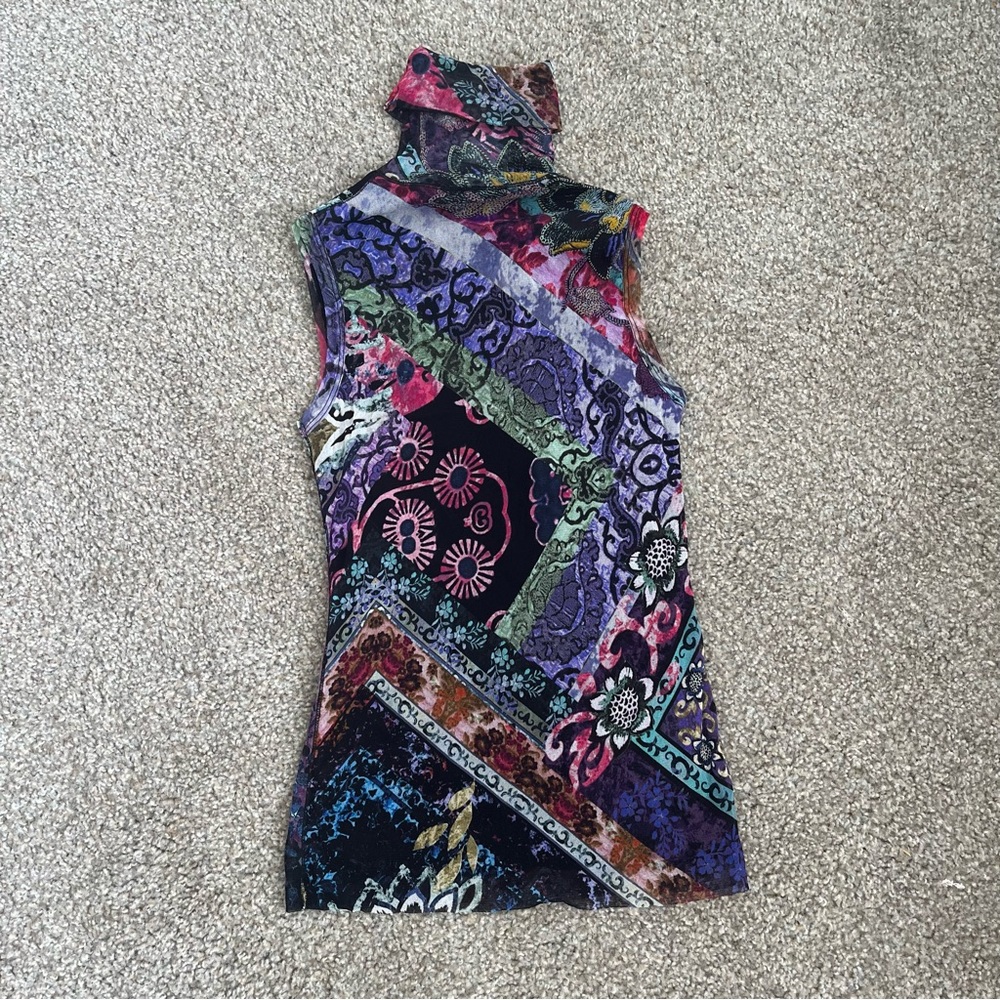 Fuzzi Sleevless Patchwork Turtleneck Mesh Blouse - image 5